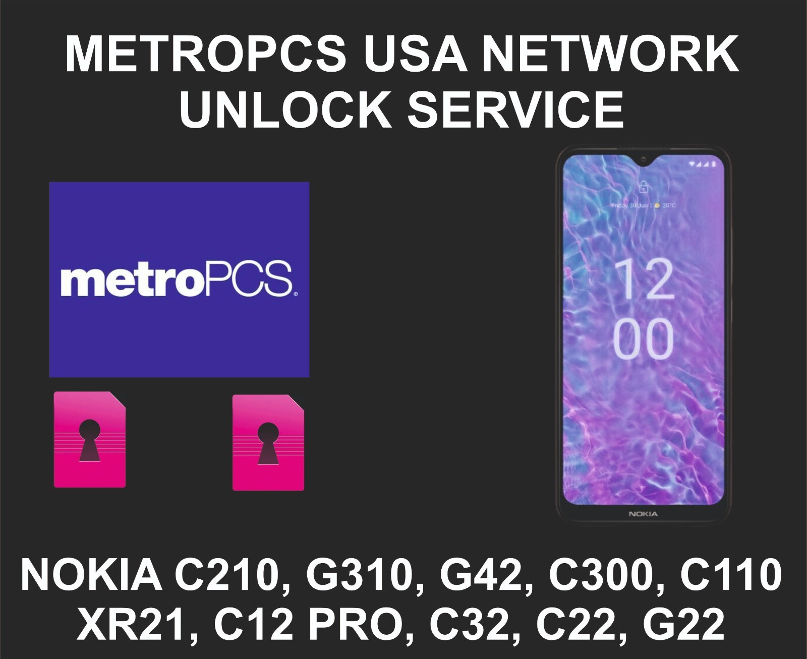 Metropcs Unlock, Nokia All models, C210, G310, G42, C300, C110, XR21, C12 Plus