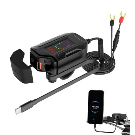 Motorcycle Phone Charger, Upgrade 30W PD Type-C 18W USB 3 Ports with 28'' Black