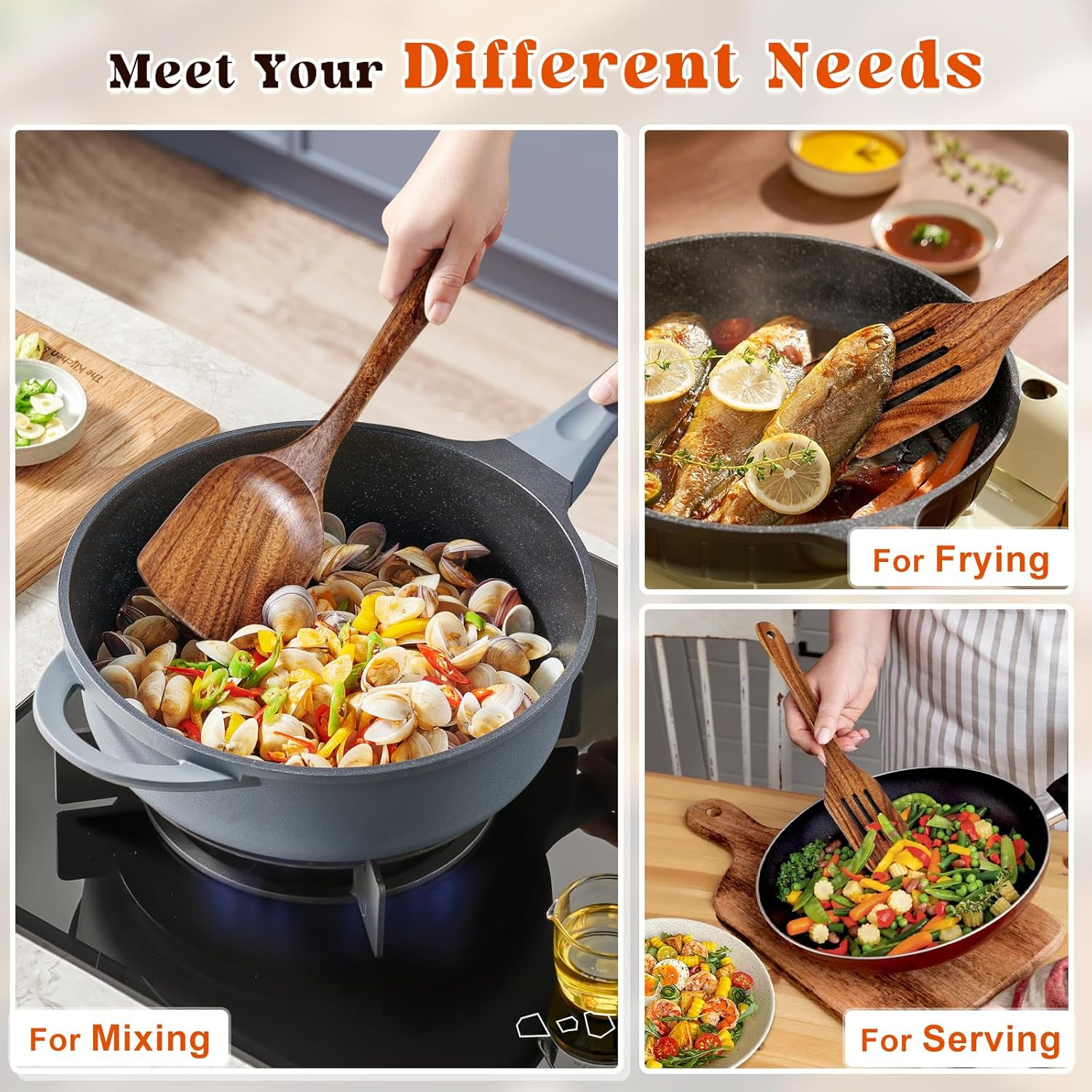 2Pcs Wooden Spatula, Acacia Solid & Slotted Turner Spatula Set, Long Handle Flat
