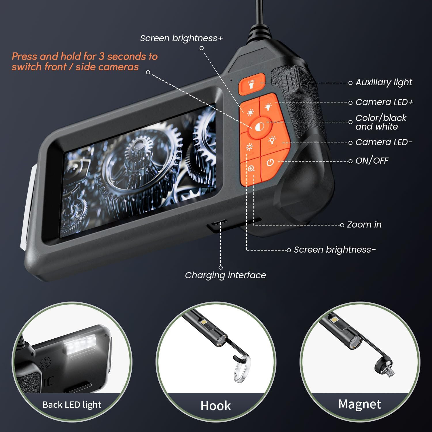 Endoscope Camera with Light: 4.3" 1080P HD Dual-Lens Inspection Borescope Camera