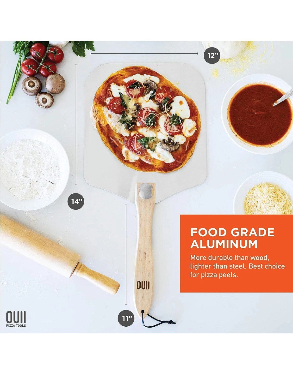 OUII Aluminum Pizza Peel Metal - 12 x 14 Inch. Spatula for Oven with...