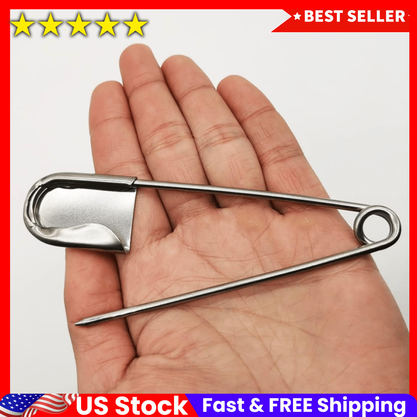 5 PCS of 5 Inch Heavy Duty Jumbo Stainless Steel Safety Pins Silver Color Safety