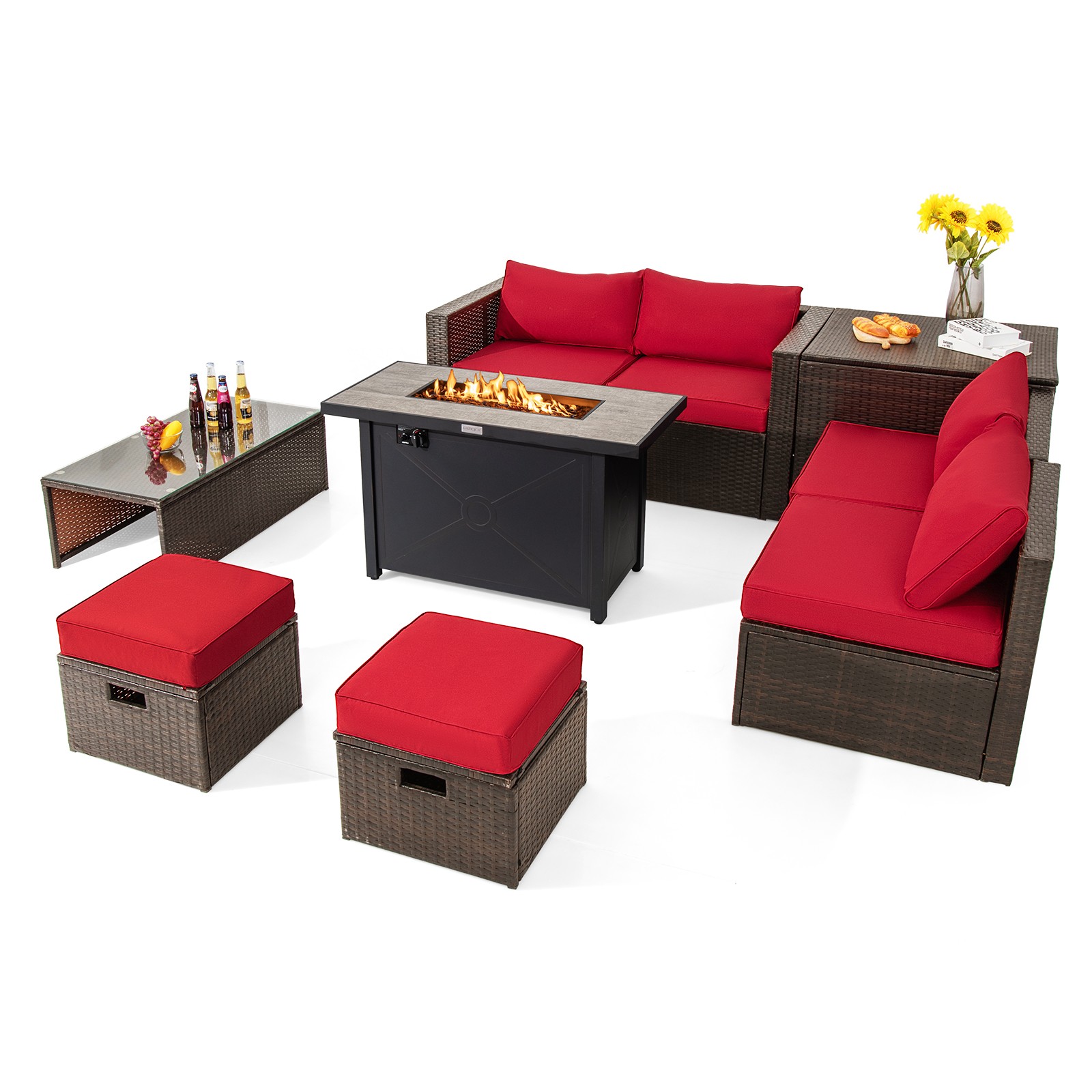 Patio 9PCS Rattan Furniture Set Space Saving 42" Fire Pit Table Cover Red