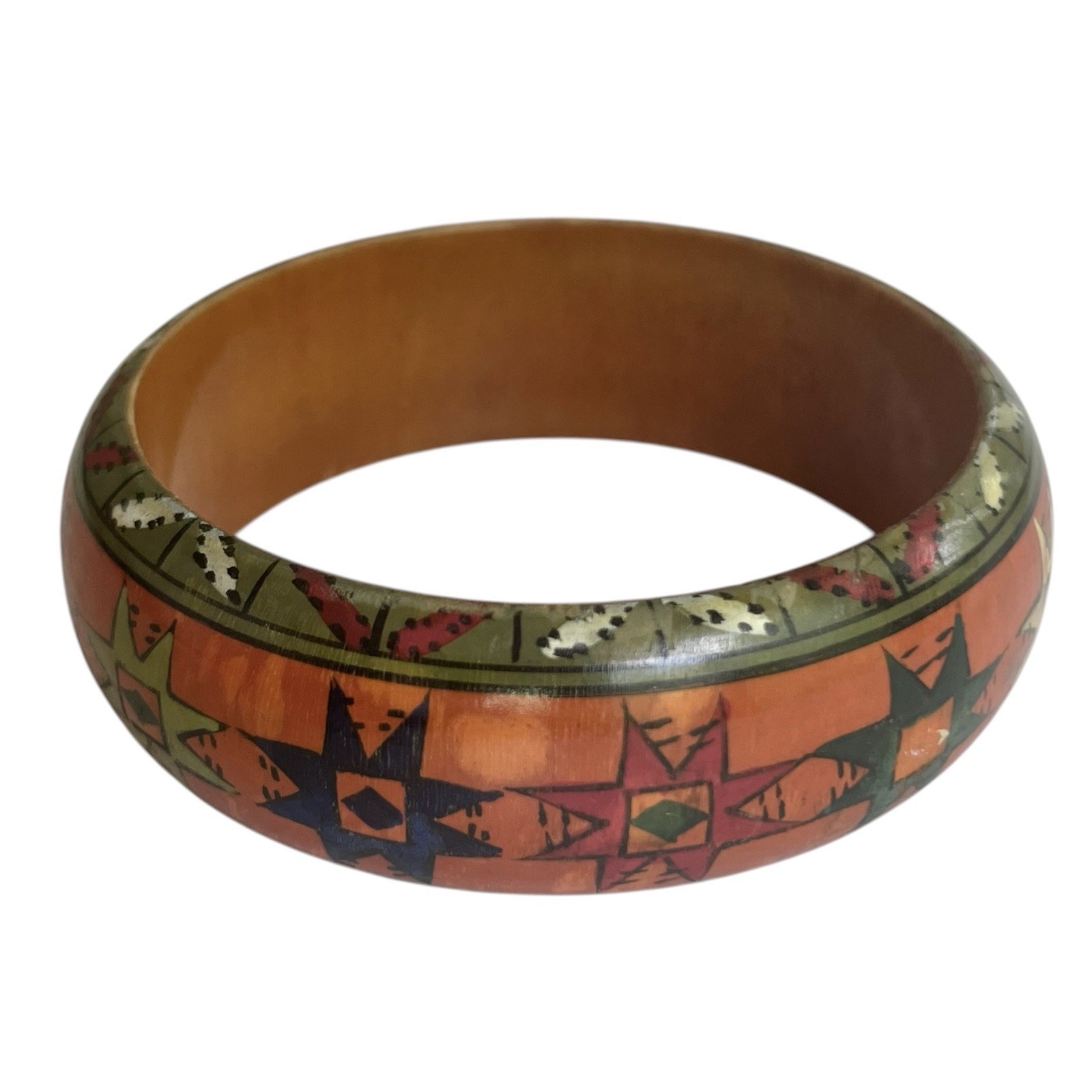 Hand Painted Wood Chunky Bangle Bracelet Multicolor