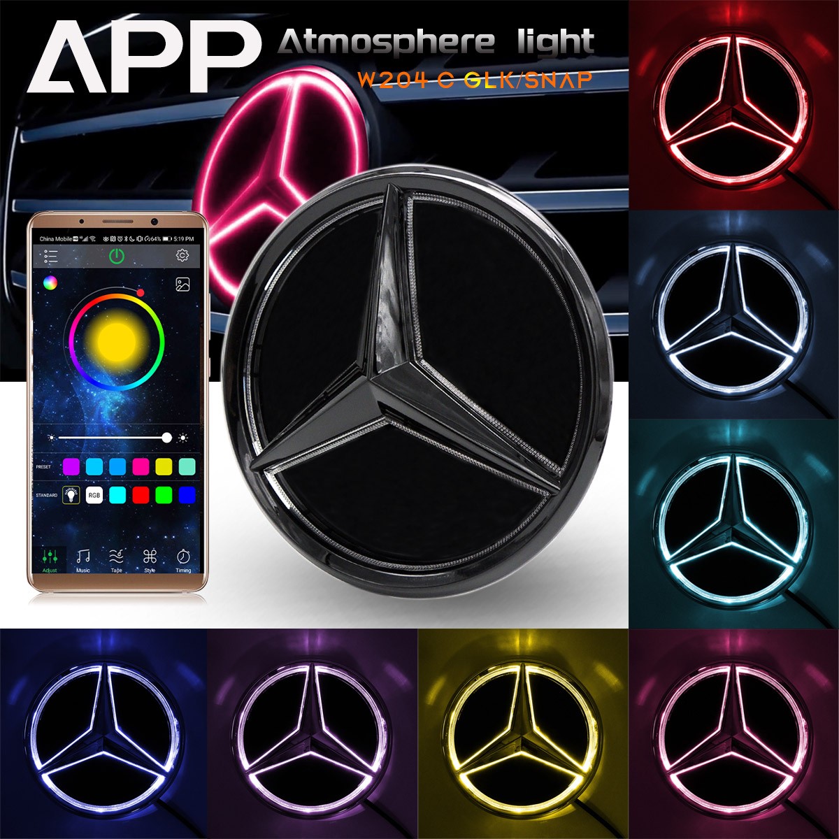 Snap Led Grill Emblem Logo Light For Mercedes-Benz W204 C GLK Class RGB Colorful