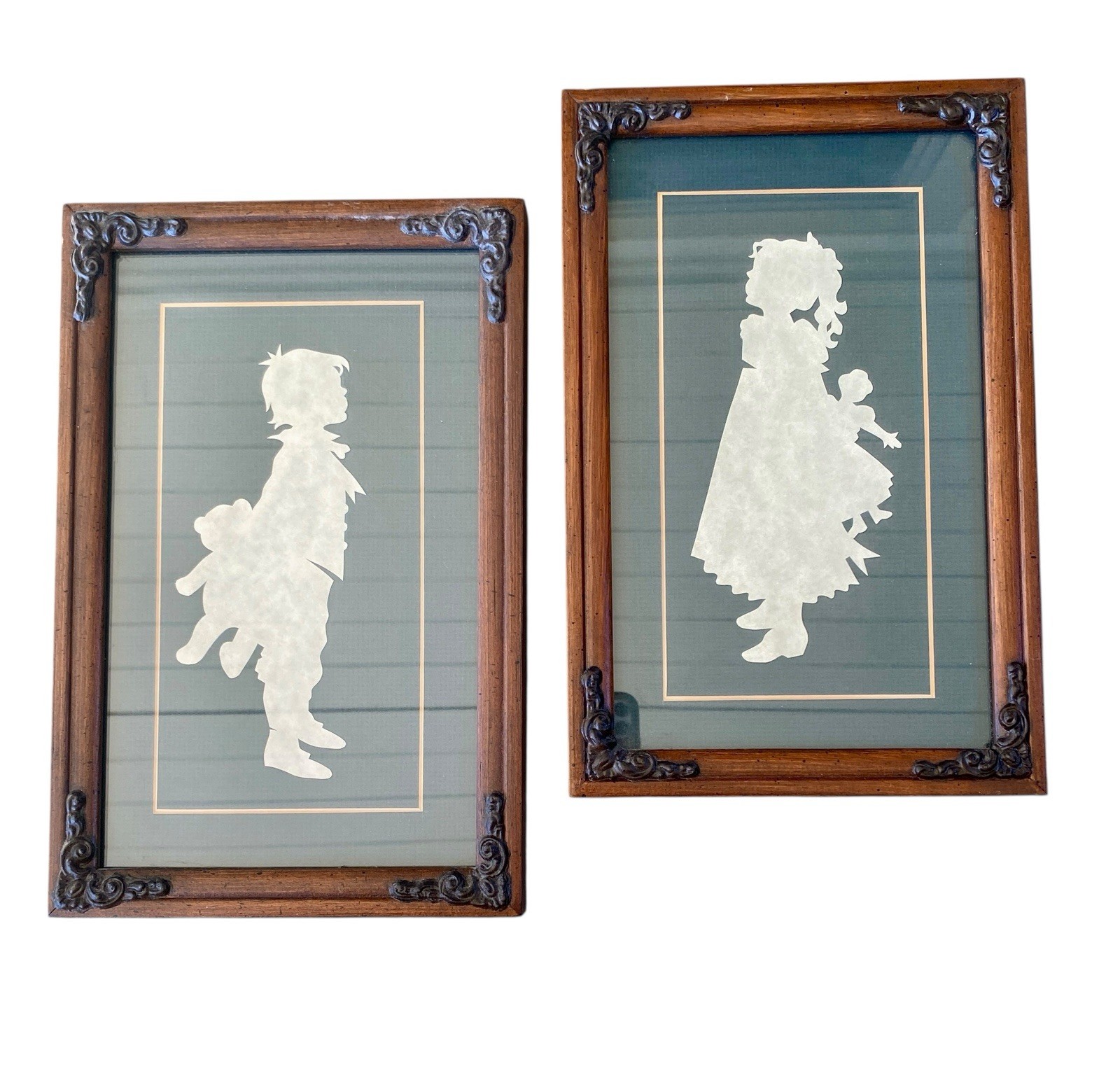 Framed Silhouette Pair Victorian Children Green Cream Ornate Wood  Boy Girl Toys