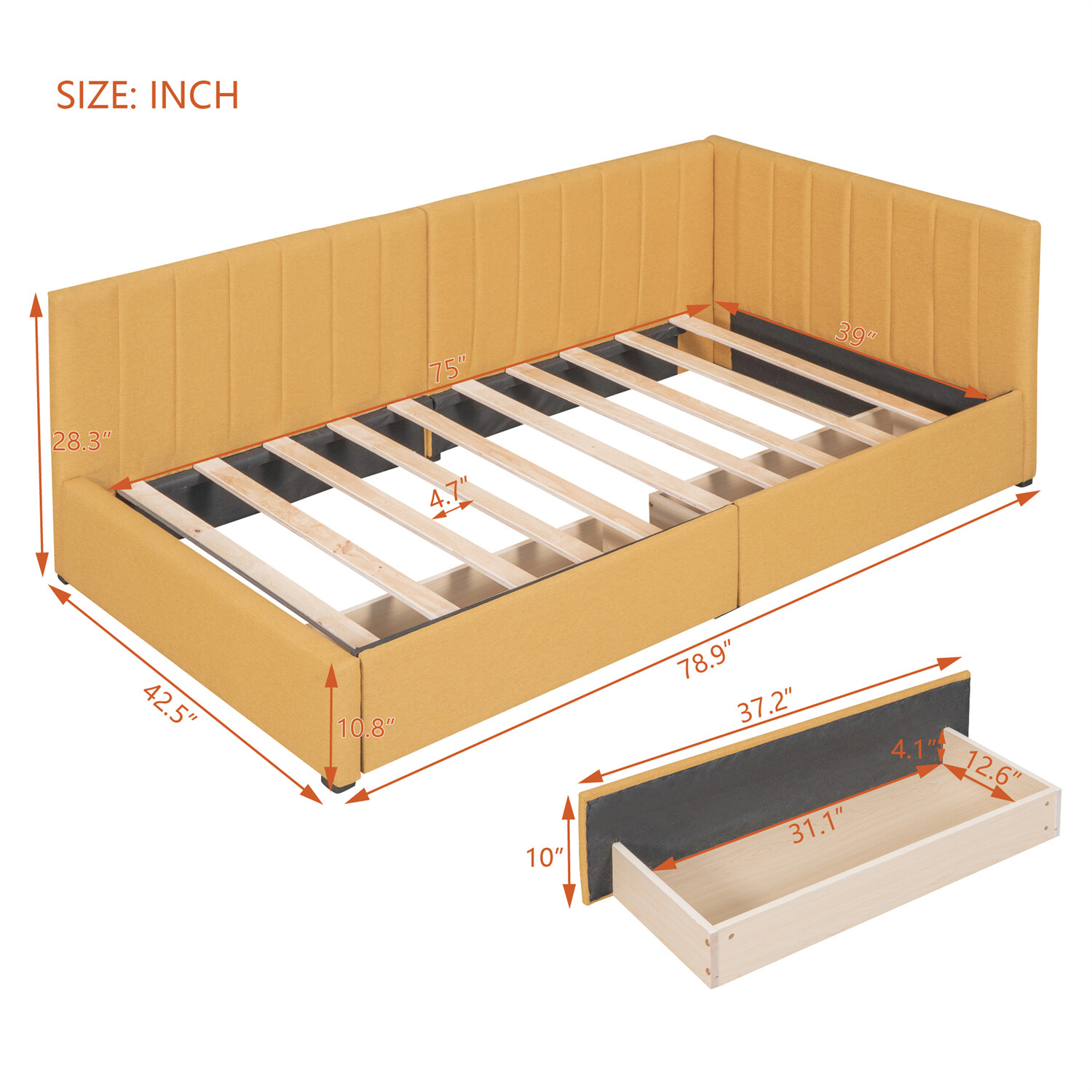Twin Size Daybed w/ 2 Drawers Upholstered Bed Frame Sofa Bed with Storage Yellow