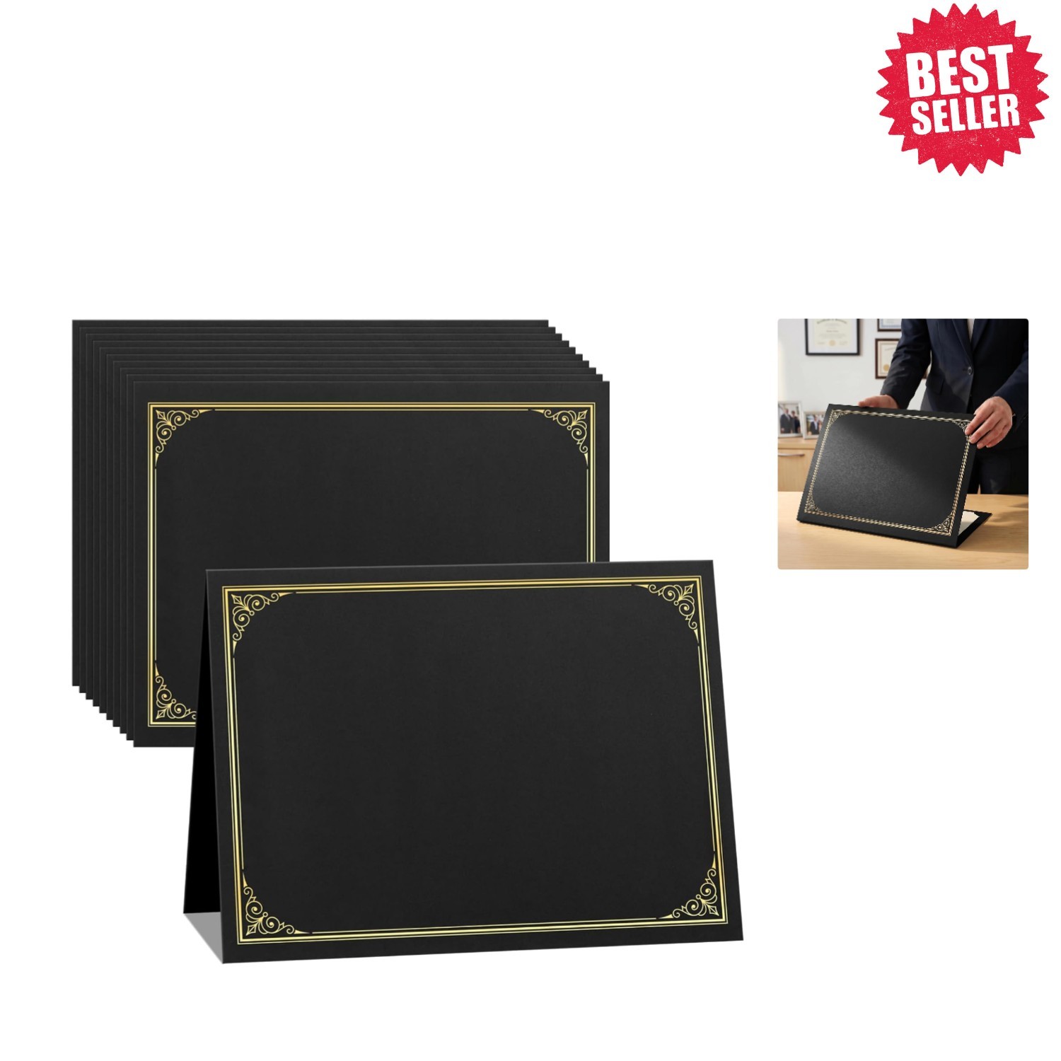 Versatile 10 Pack Black Certificate Holders with Gold Foil - 250gsm Protection