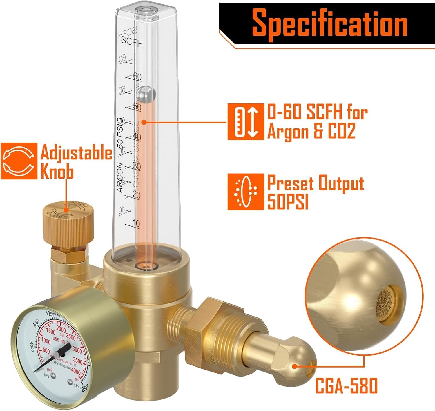 Compact Argon/CO2 Flow Meter Regulator with 4000 psi Gauge - Welding Precision