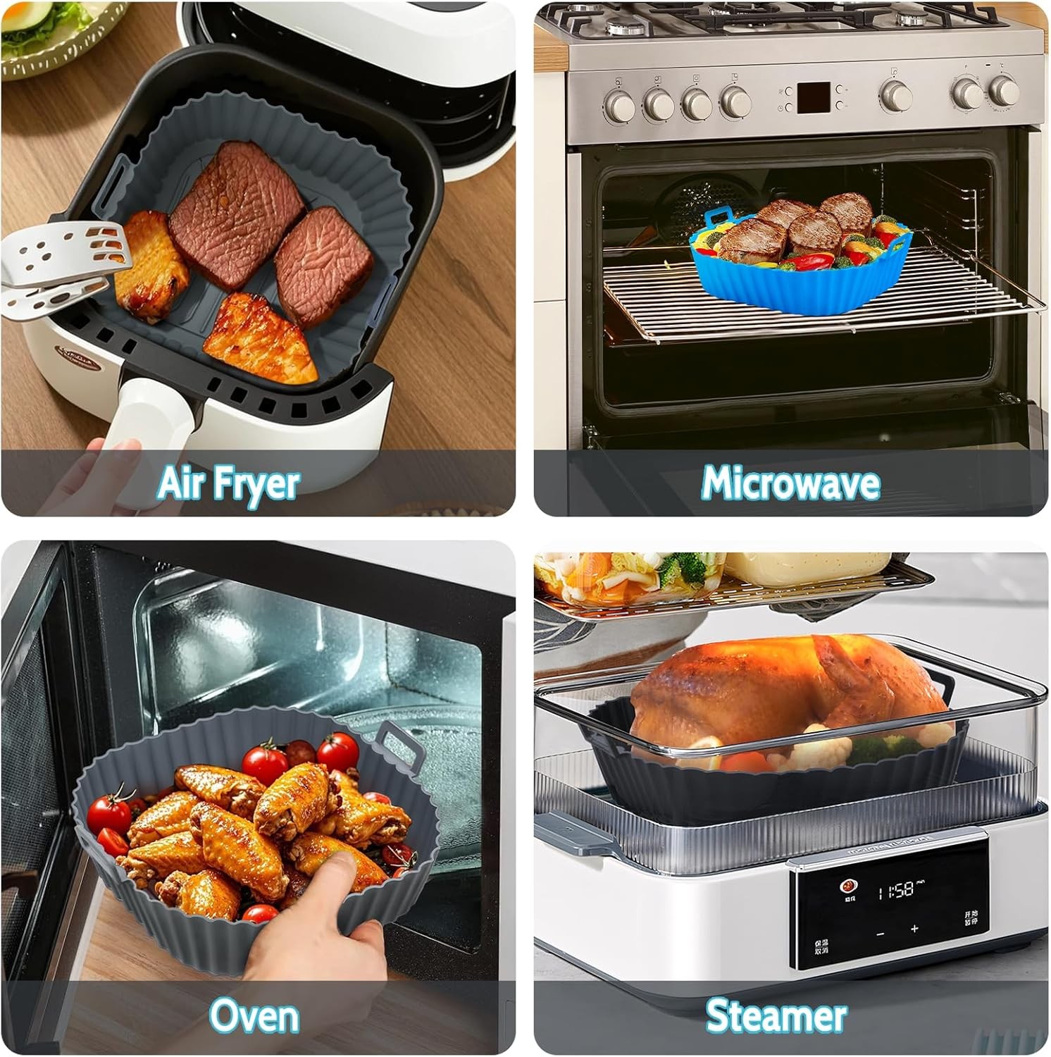 Silicone Air Fryer Liners Reusable 3 PCS, 7.3 inches x 8.4 inches, Blue