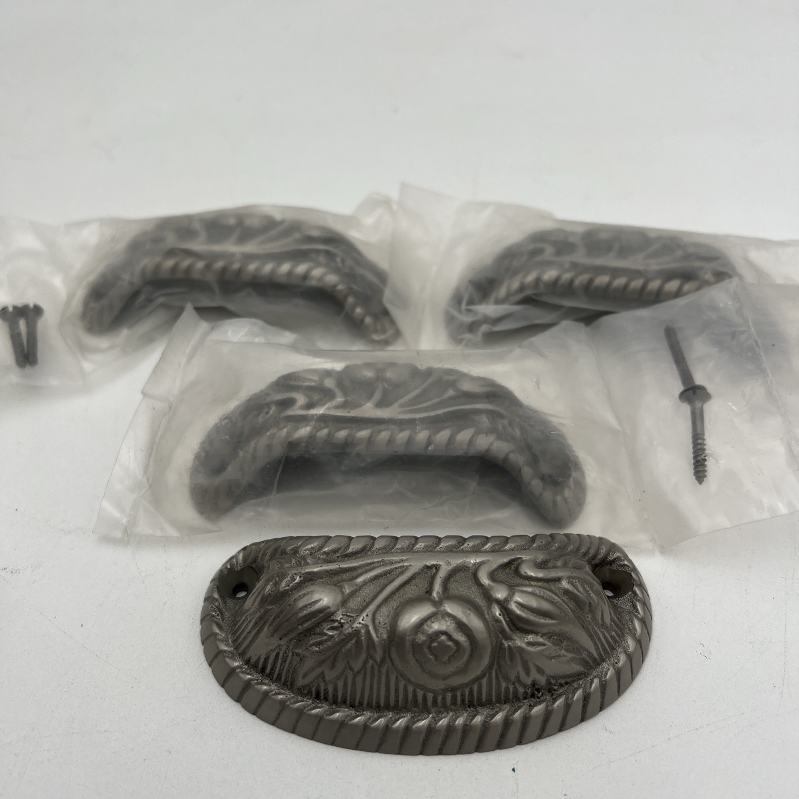 4 Silver Cast Metal Reproduction Drawer/Bin Pulls, New In Bags W/ Hardware