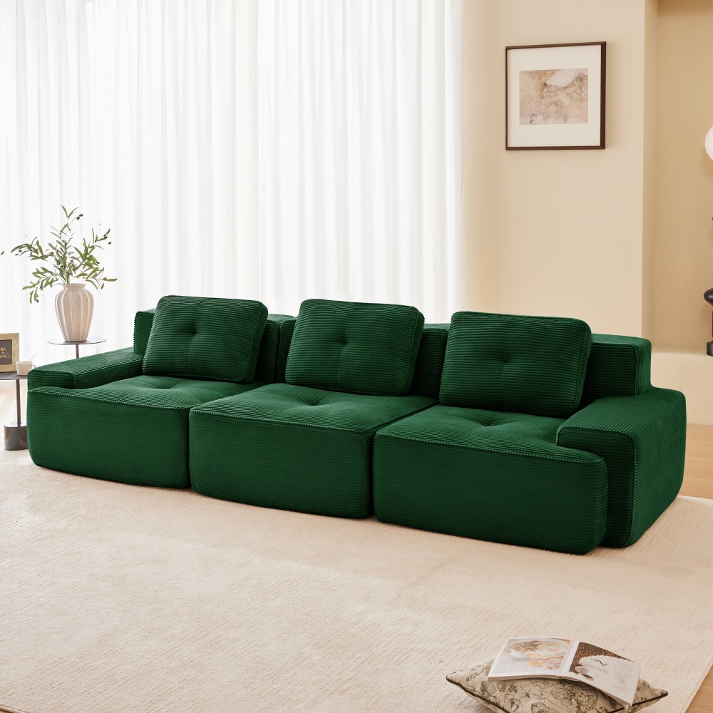 117" Modular Sectional Sofa w/ Corduroy Fabric, 3-Seater, Green