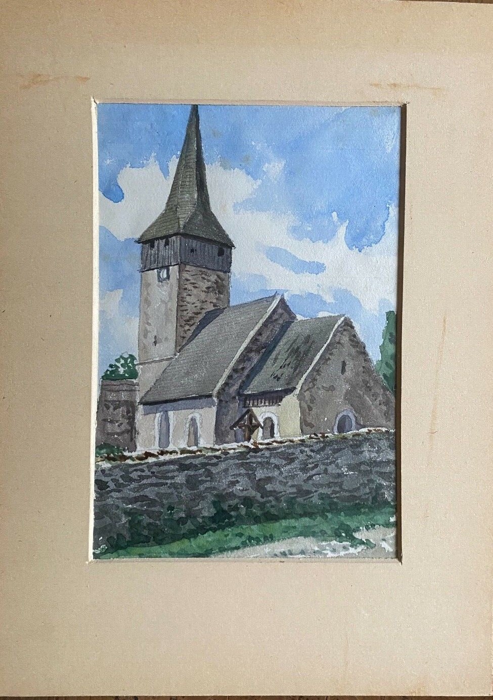 ::G. PLUTHNER CHURCH GOUACHE TOWER CIRCA 1940 CEMETERY VILLAGE CHURCH SAXONY ANTIQUE