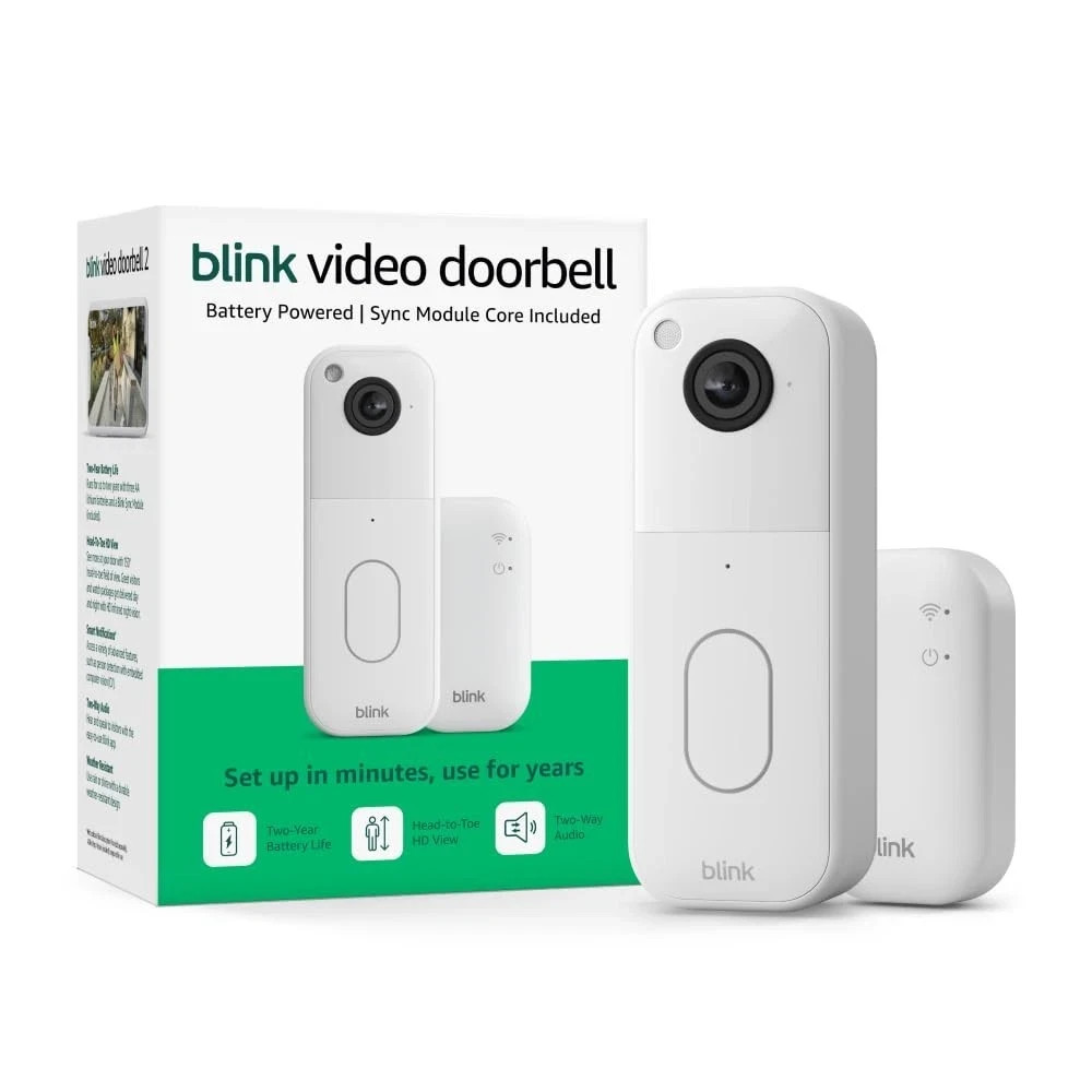 Blink Video Doorbell System with Head-to-Toe HD View Sync Module Core, White NEW