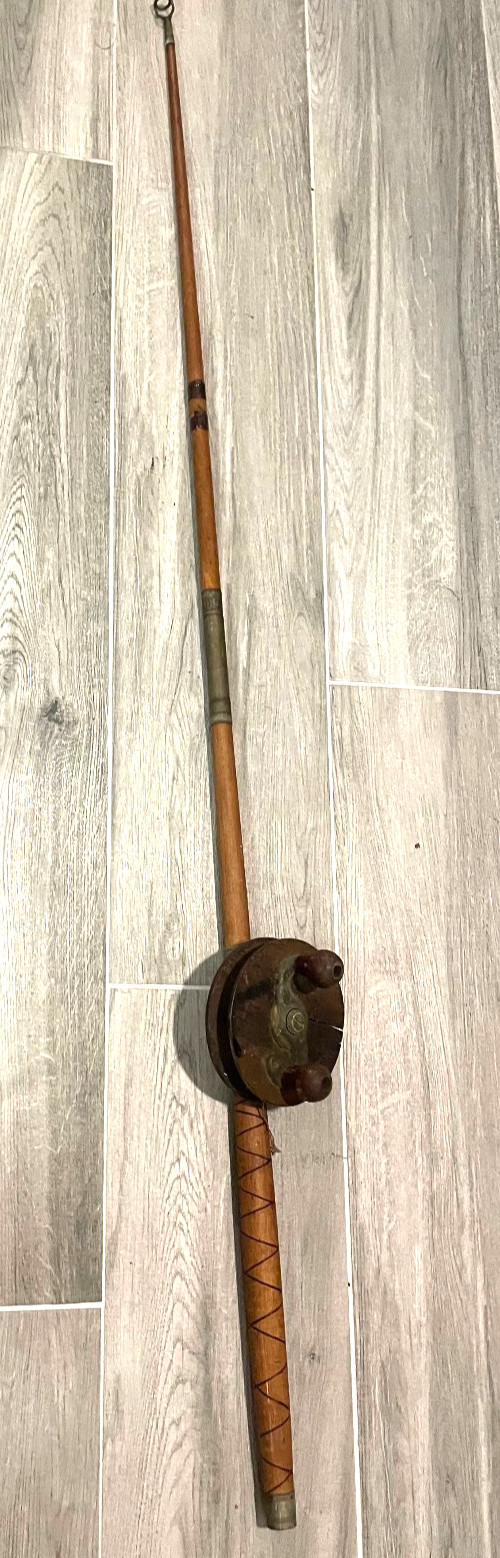 Vintage “The Otter” Wood and Brass Side Winding Reel w/ Wooden Pole