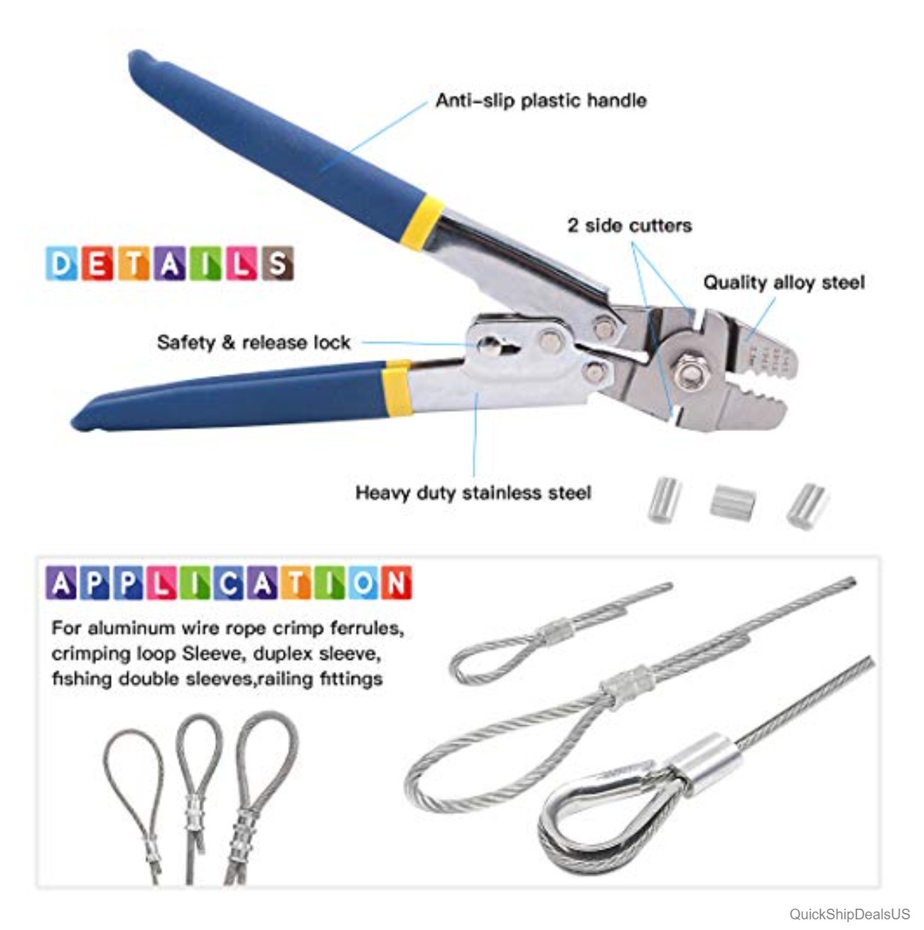 Wire Rope Crimping Tool Kit 150Pcs Ferrules 45Pcs Thimbles 205Pcs Loop Sleeves