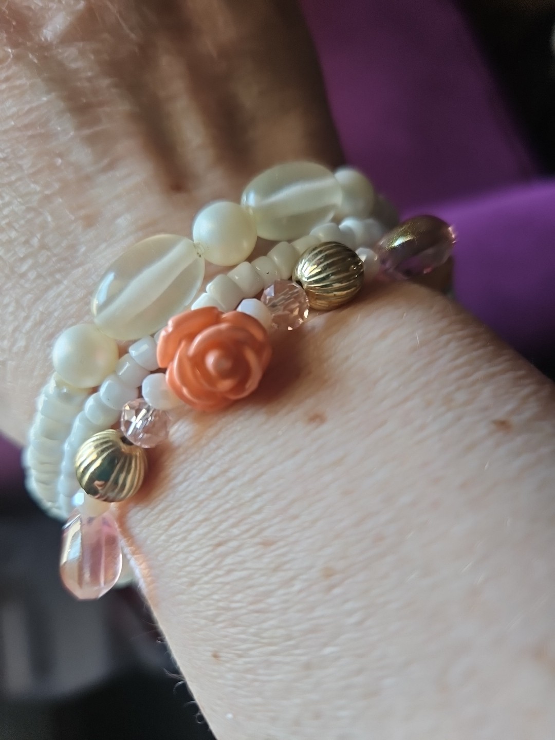 Handmade Elegant Peach Rose Stretchy Bracelet Set Of 3