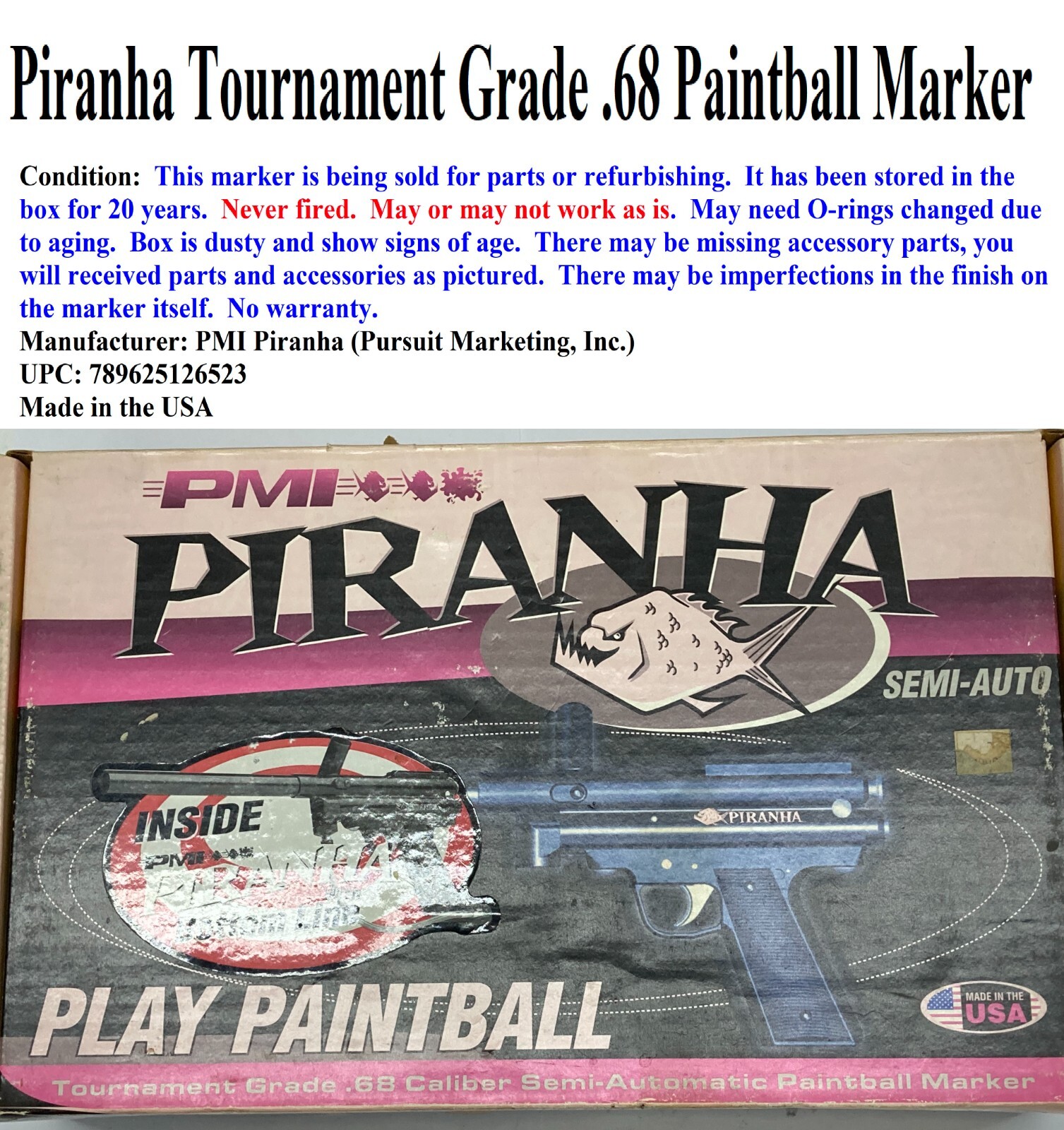 Piranha Tournament Grade .68 Paintball Marker (Sold for Parts or Refurbishing)