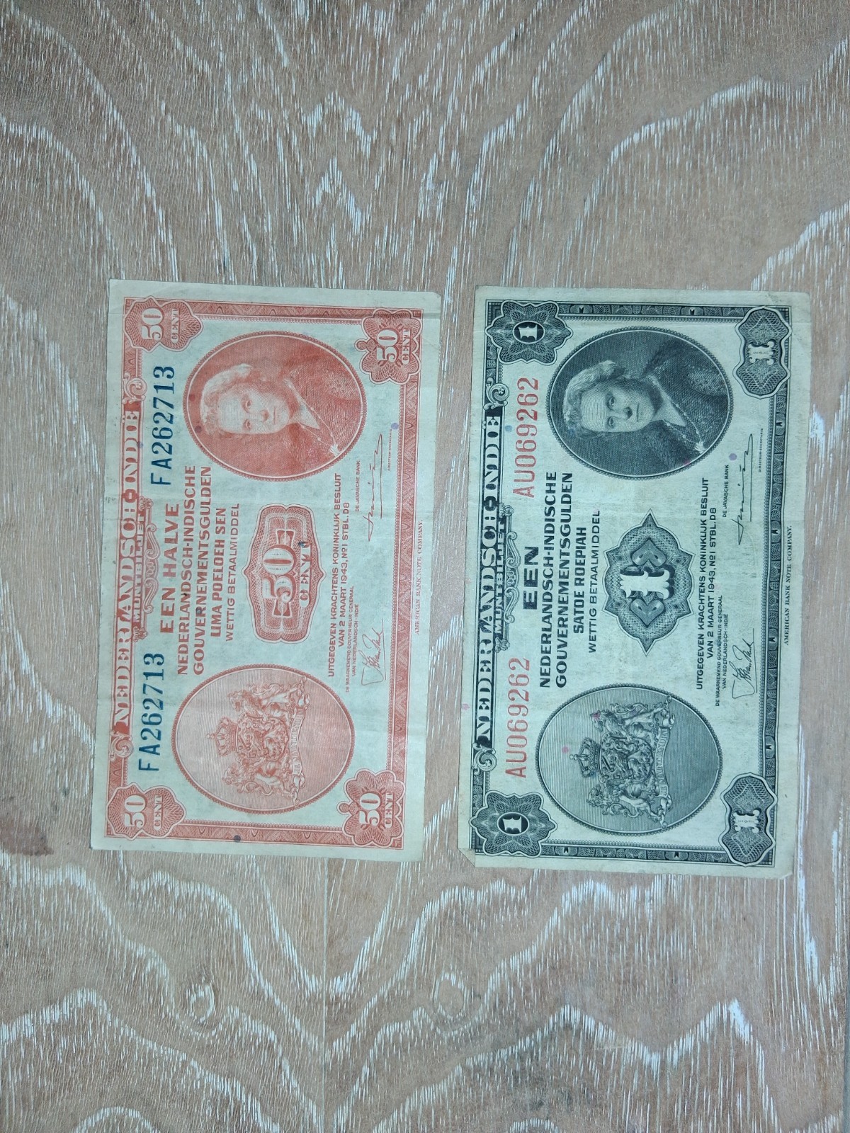 1943 Netherlands Indies 1 Gulden And 50 Cent Bank Notes