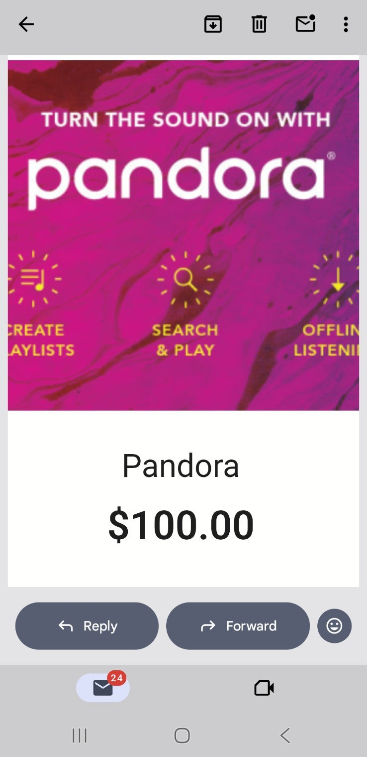 Pandora Music Gift Card $100 Value - No Expiration Month/Year