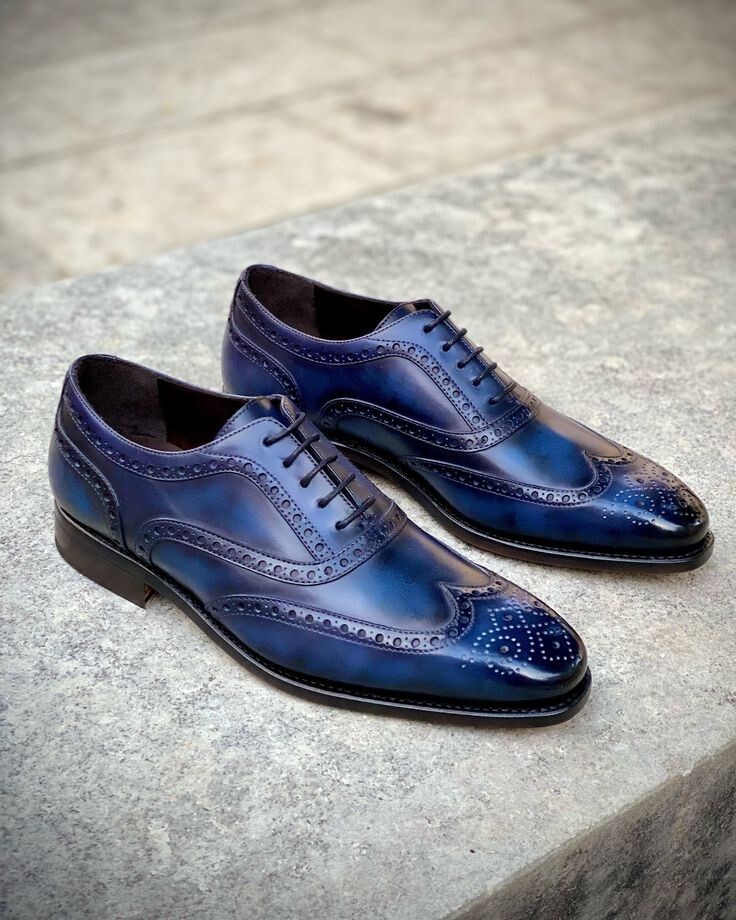 Bespoke Men's Handmade Blue Leather Oxford Wingtip Brogue Lace Up Dress Shoe Men