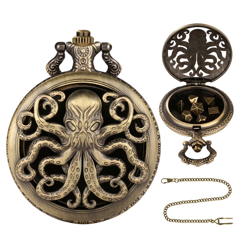 RPG Dice Set 7pcs Metal Polyhedral Octopus Pocket Watch Case with Chain Bronze
