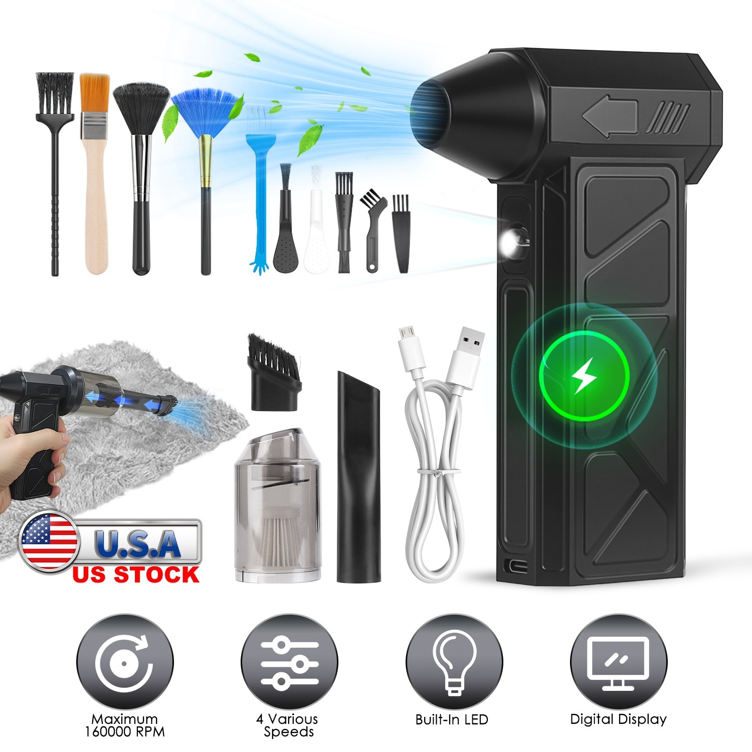 160000RPM Electric Compressed Air Duster Blower Brushless Cordless w/ LED Light