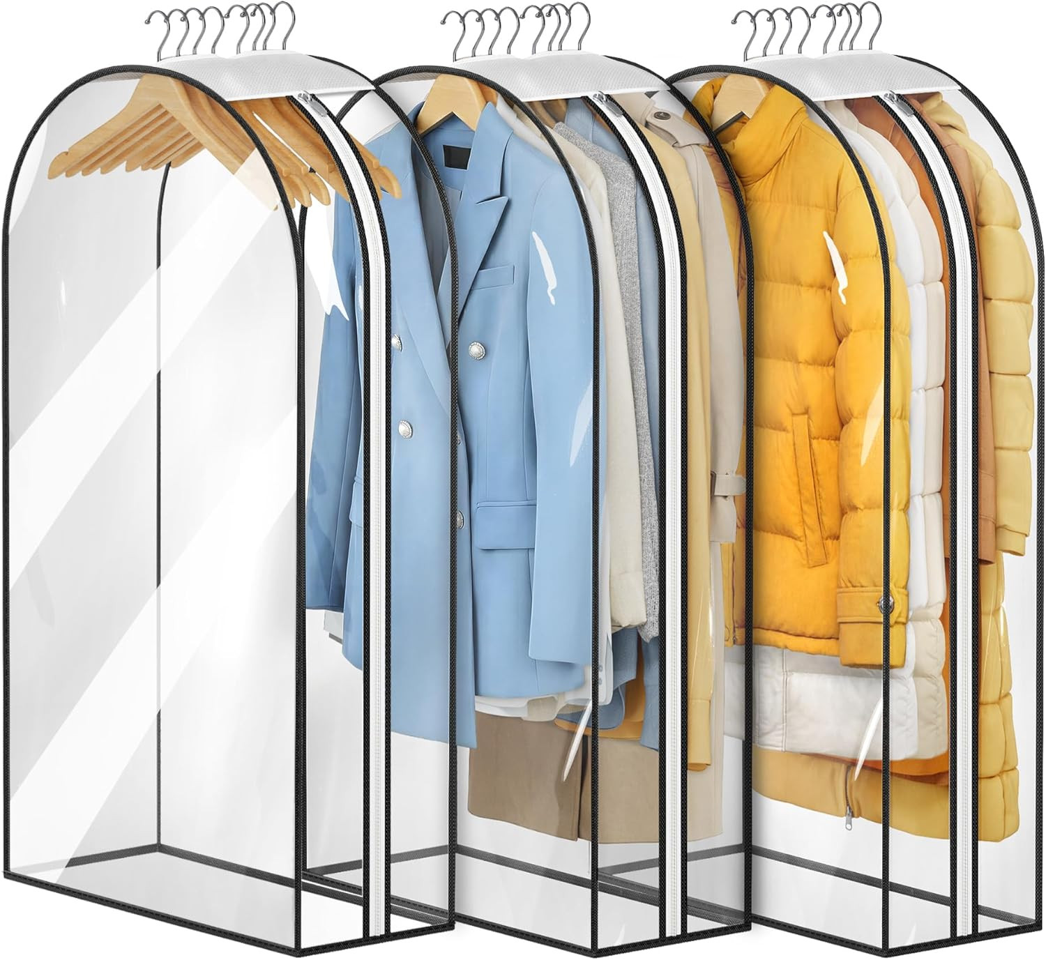 MISSLO 10" Gusseted All Clear Garment Bags for Hanging Clothes 3 Packs 40" Suit