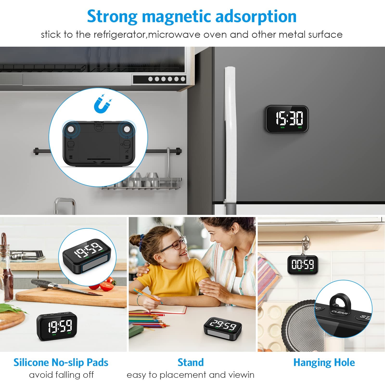 Digital Kitchen Timer, Digital Timer with Large LED Display, Magnetic Classro...