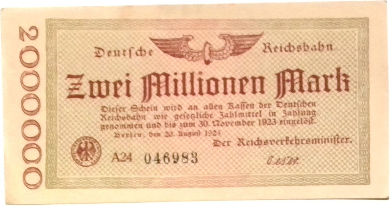 1923 Germany REICHSBAHN 2.000.000 / 2 Million Mark Banknote