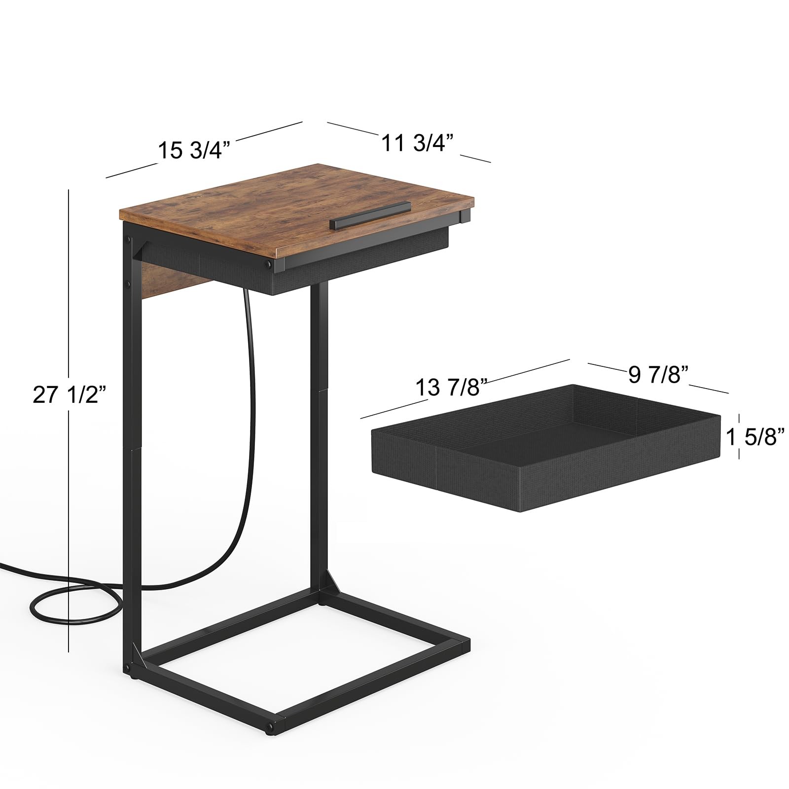 Shaped End Table with Charging Station, 45° Tiltable Adjustable Flip Top Tabl...