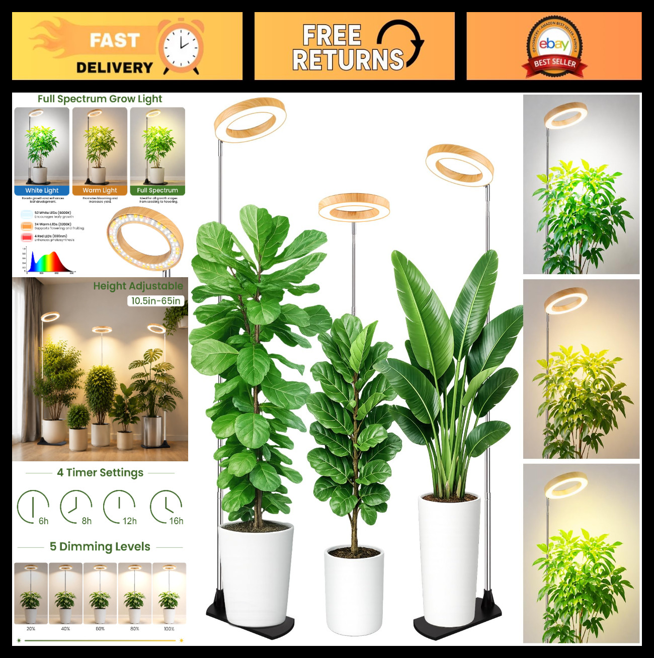 Indoor Plant Grow Lights - Full Spectrum, Adjustable 65", Auto Timer, 3 Colors,