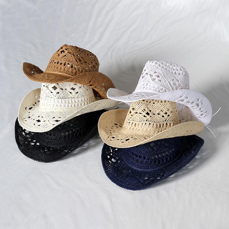 Women Men Western Cowgirl Hat Straw Cowboy Shapeable Wide Brim Summer Retro-
