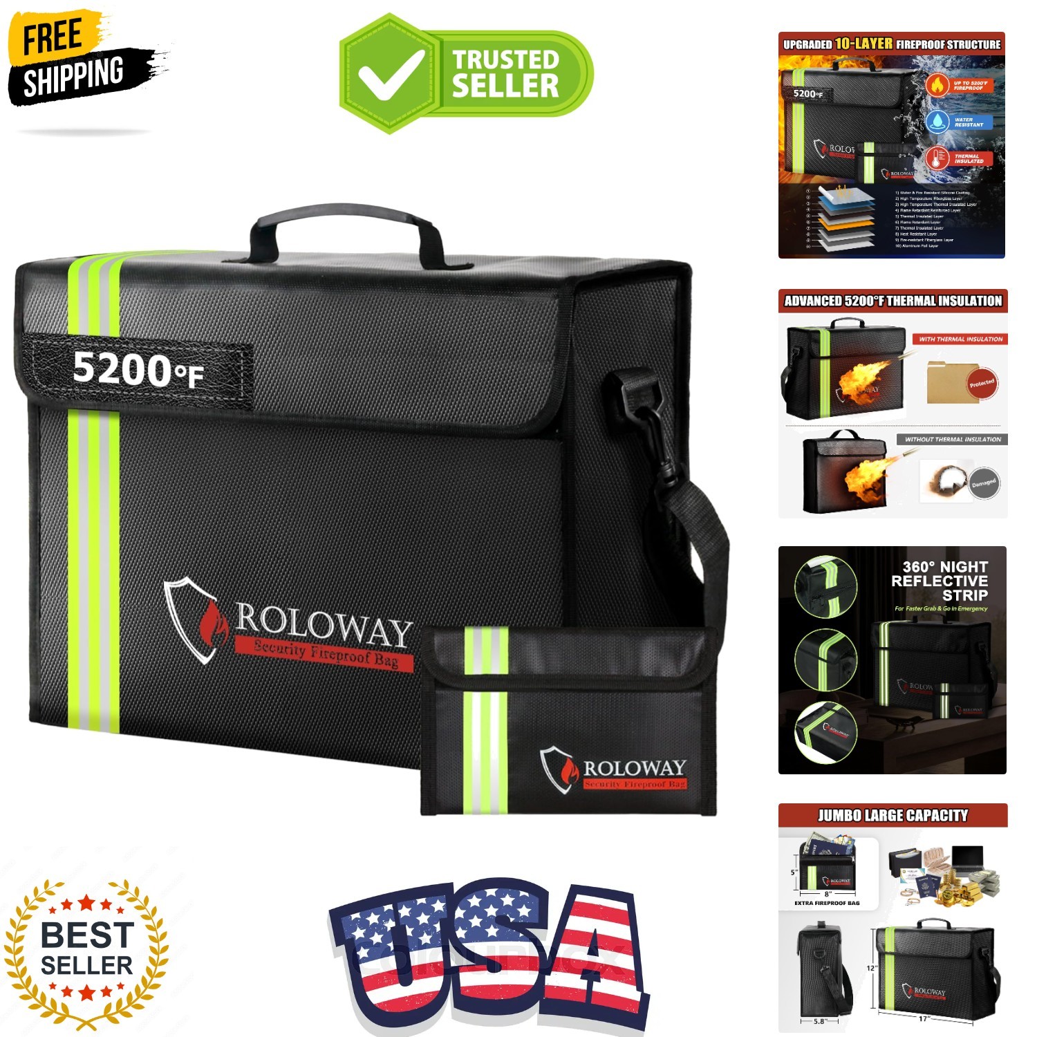 Large Fireproof Bag 5200℉ Heat Insulated 17 x 12 x 5.8 inches with Reflective...