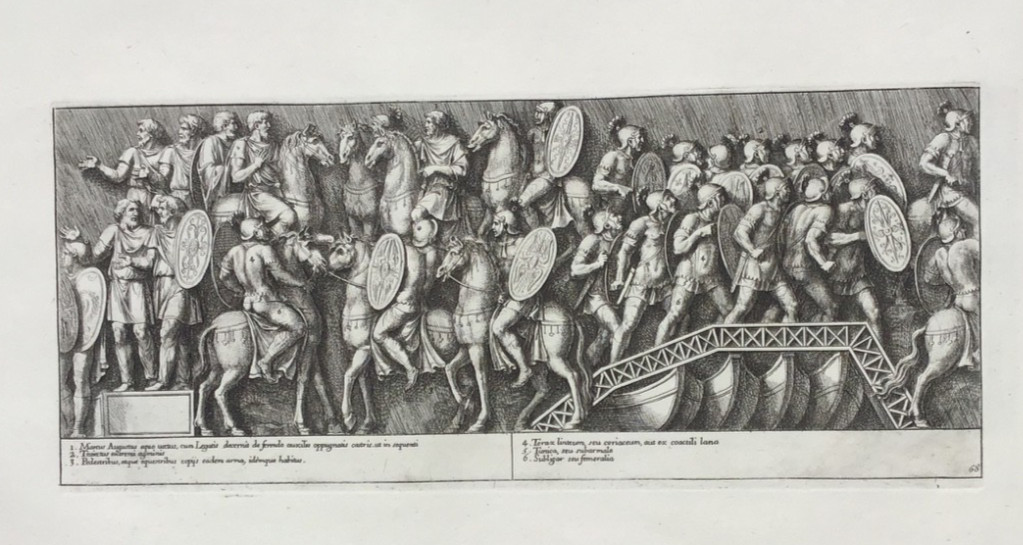1704  Bartoli/ Bellori Engraving - Marcus Aurelius Column, Rome - River Crossing