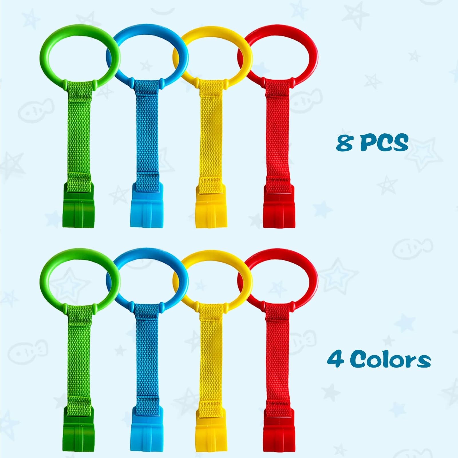 feehope 8Pcs Playpen Pull Up Rings, middle size, Red/Blue/Yellow/Green