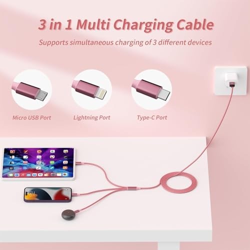 Multi Charging Cable, 3 in 1 Charging Cord for Multiple 3IN1-4FT2Pack 2 Pink