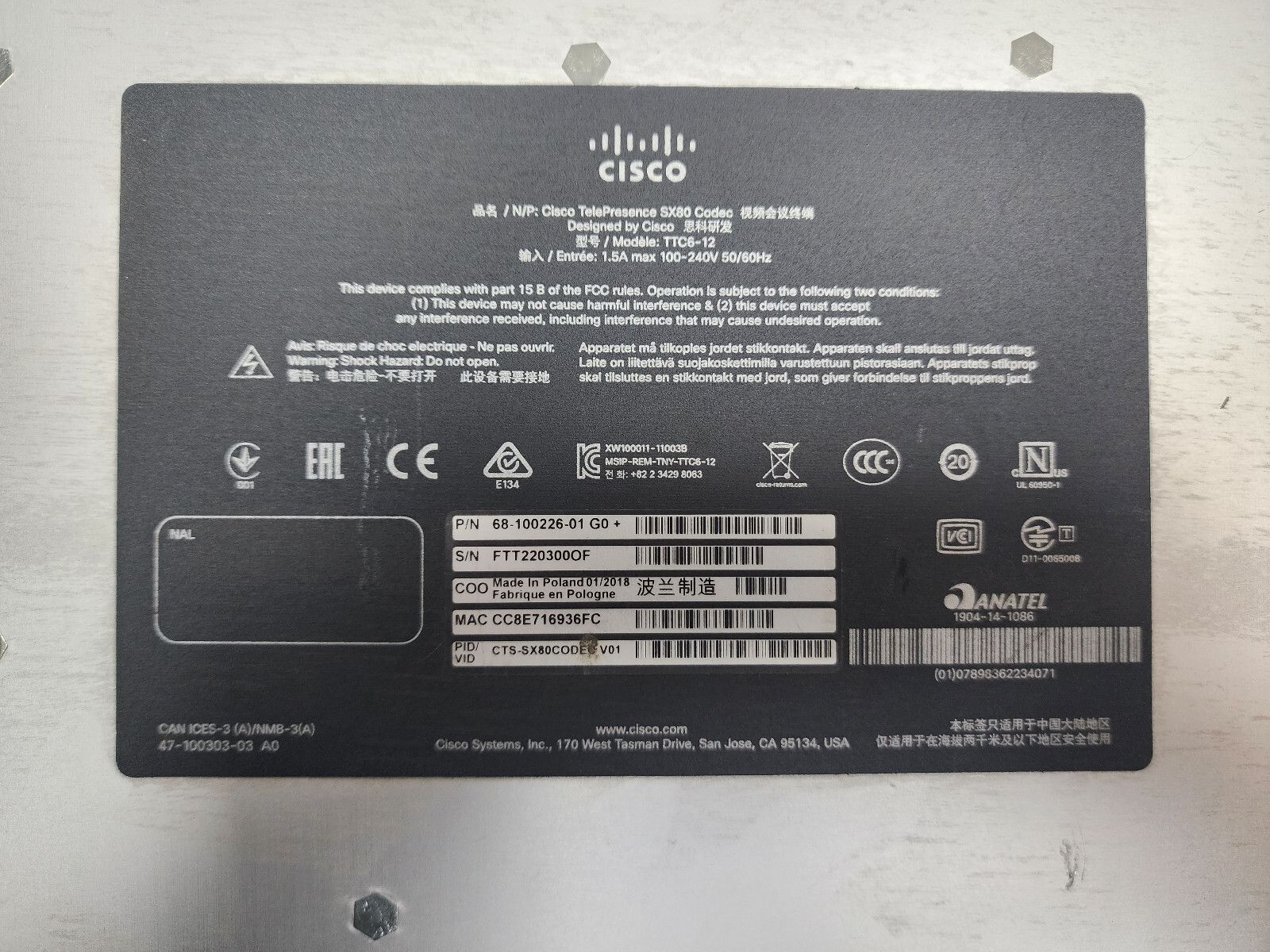 CISCO TTC6-12 TELEPRESENCE SX80 CODEC P/N 68-100226-01 SYSTEM