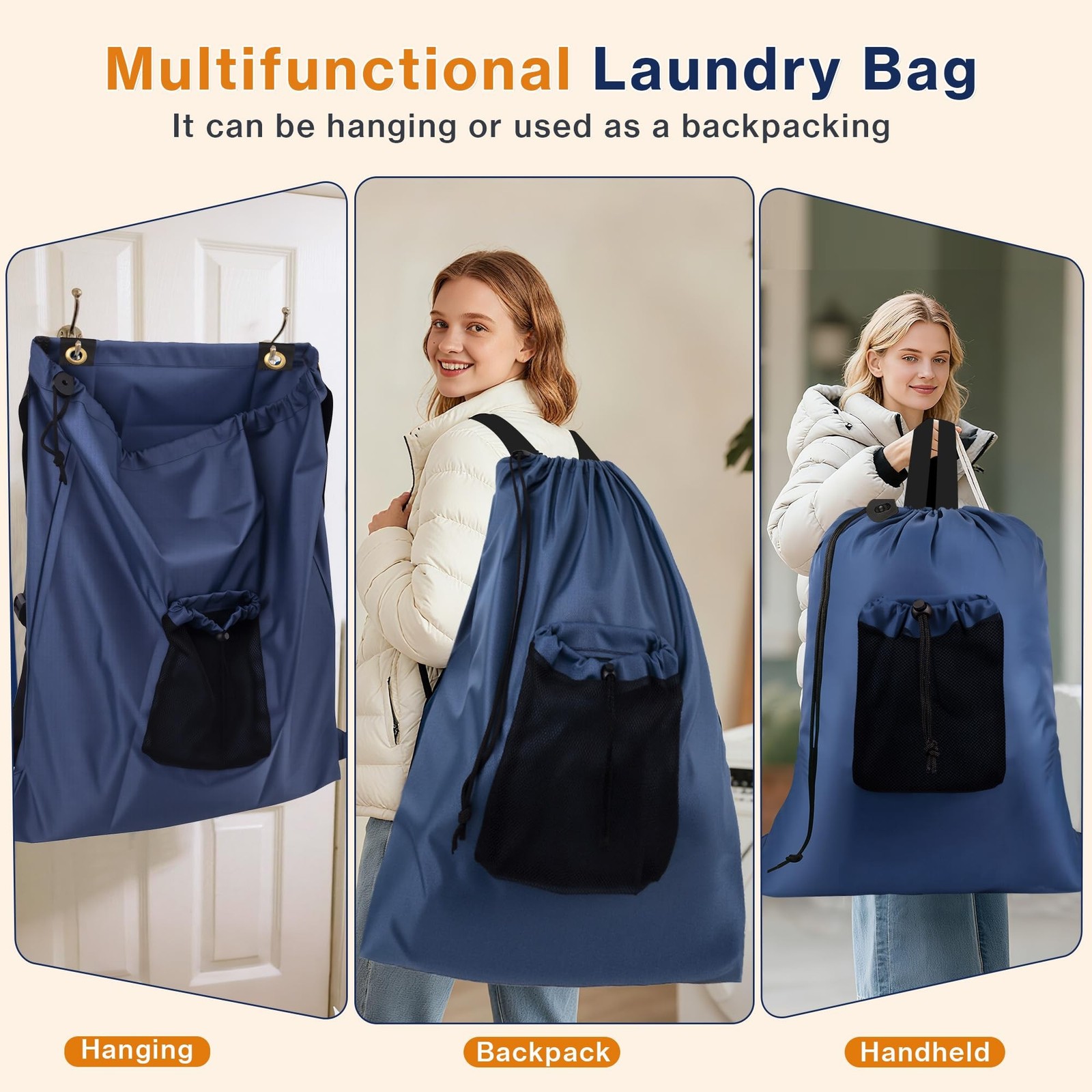 2-Pack Backpack Laundry Bags, Heavy Duty Laundry Bag Backpacks with Adjustabl...