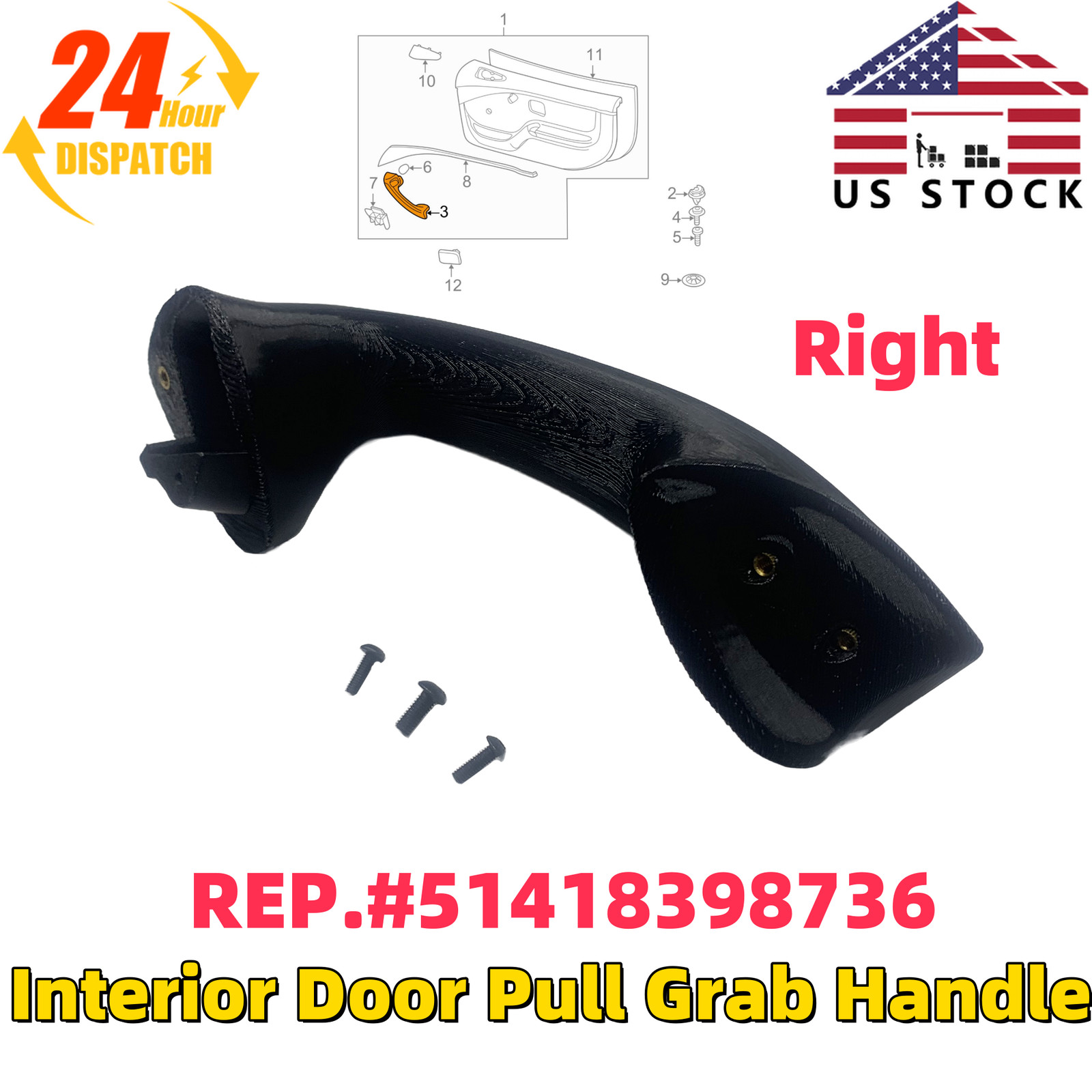 Interior Door Pull Handle Black For 1996-2002 BMW Z3 Right RH Passenger