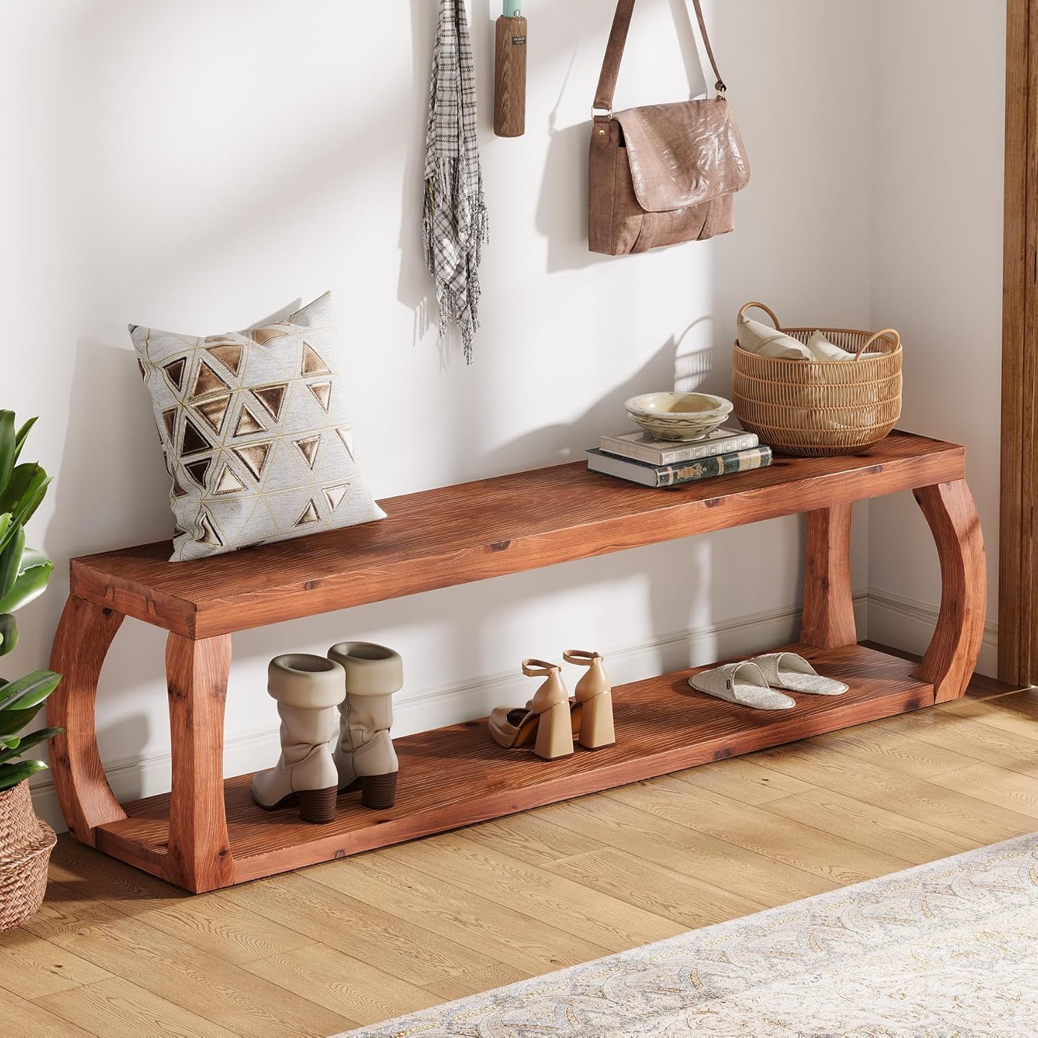 59" Solid Wood Entryway Bench Farmhouse End of Bed Bench with Open Shelves