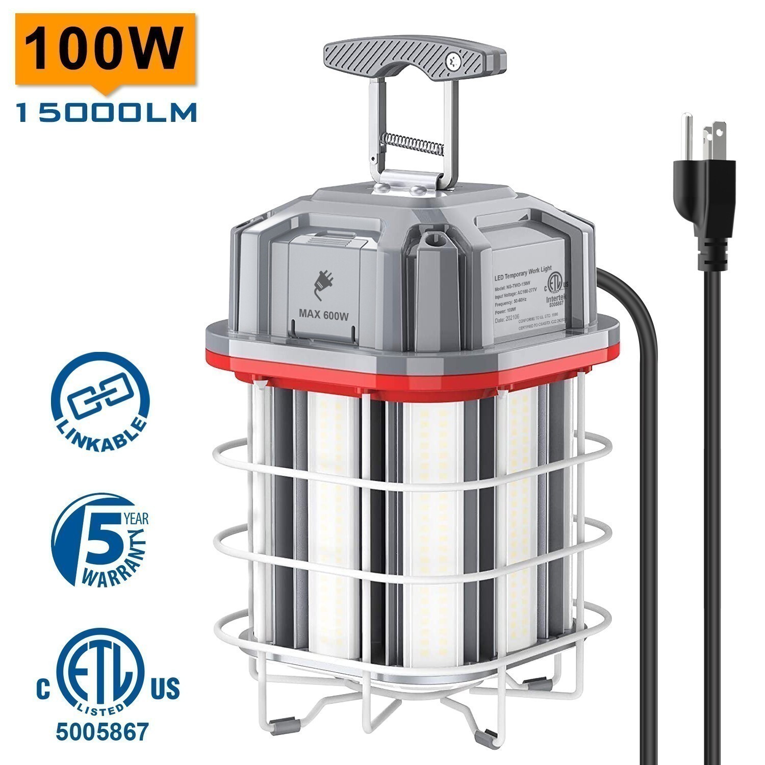 100 Watt LED Temporary Work Light Constructions Hanging Lamp Portable & Linkable