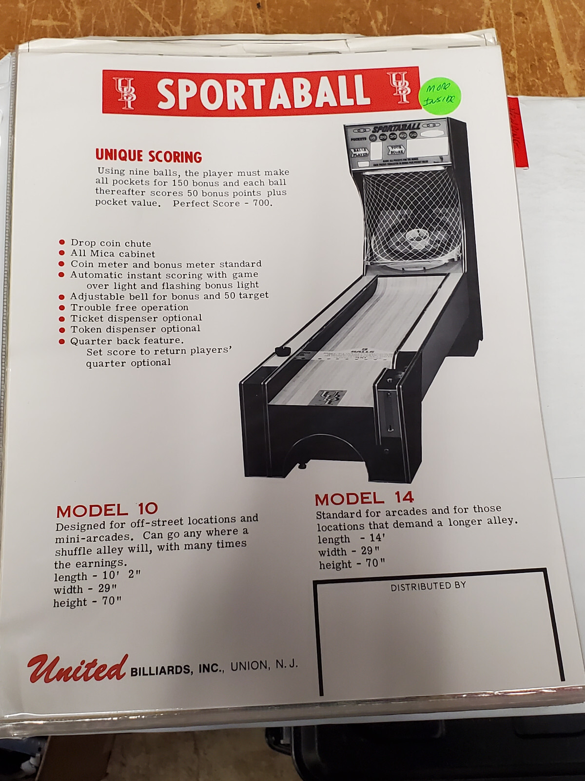 United Billiards Inc SPORTABALL Arcade Game flyer- good original 8 By 11 Inches