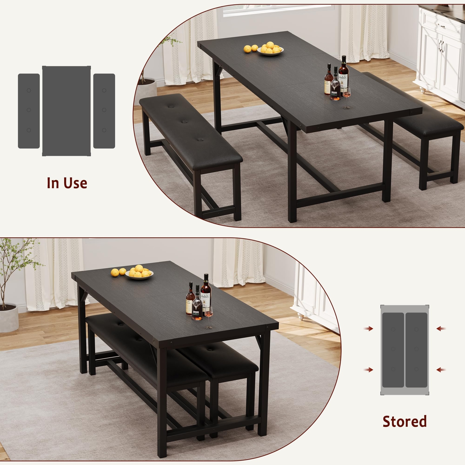 3pcs Dining Table Set ,Extendable Kitchen Table and 2 Upholstered Benches Dinner