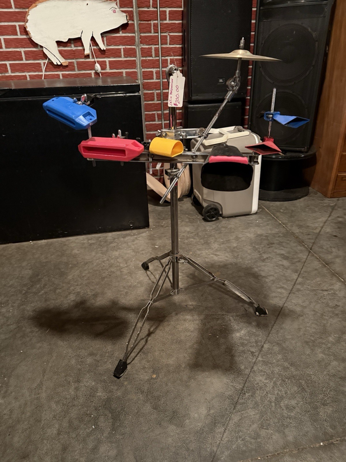 Latin Percussion…Stand, Wood Blocks, Metal Blocks, Cow Bell, Sabian Splash