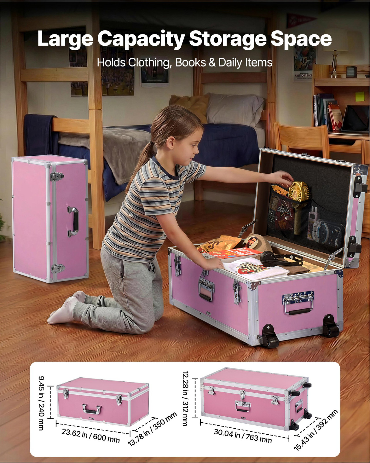 Set of 2 Metal Storage Trunks Wooden Suitcase Boxes w/ Locks Pink