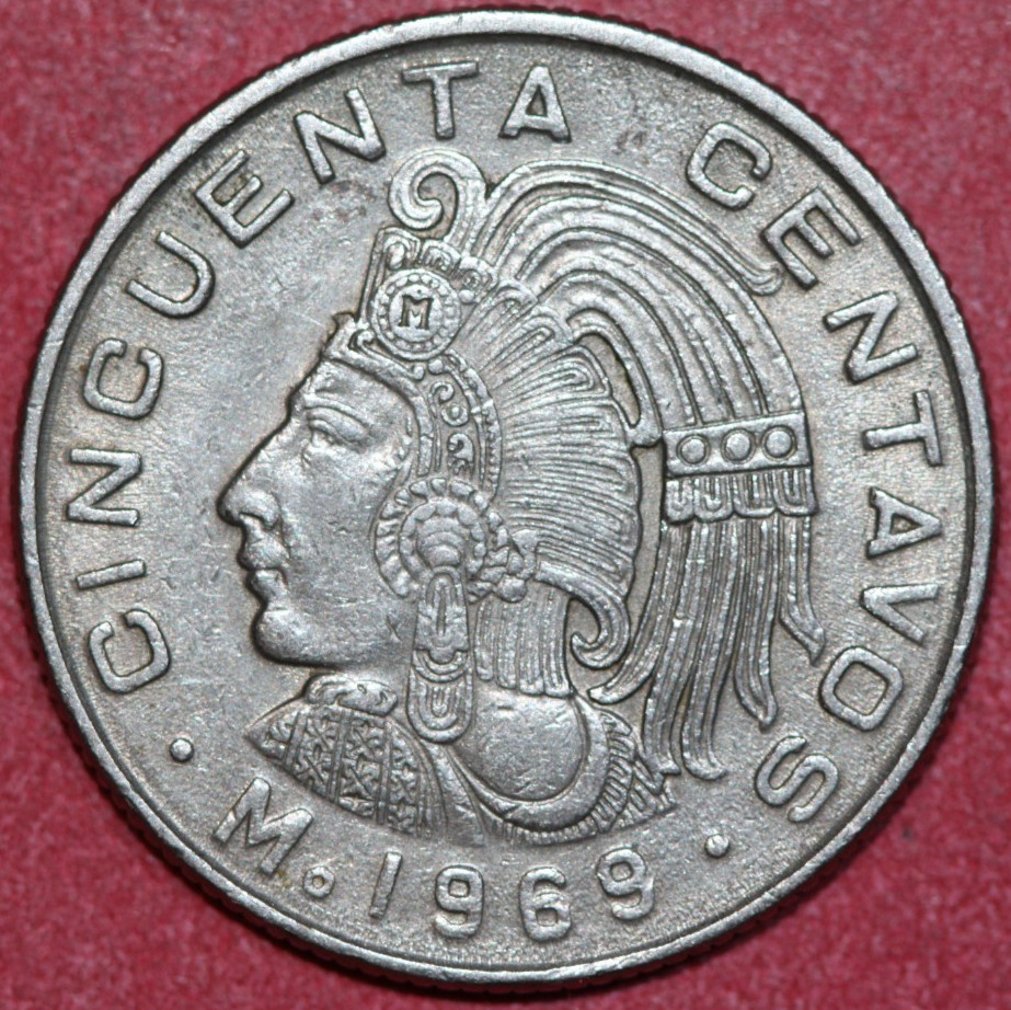 Mexico 1969 50 centavos, Aztec King Cuauhtemoc of Tenochtitlan-Foreign Coin 25mm