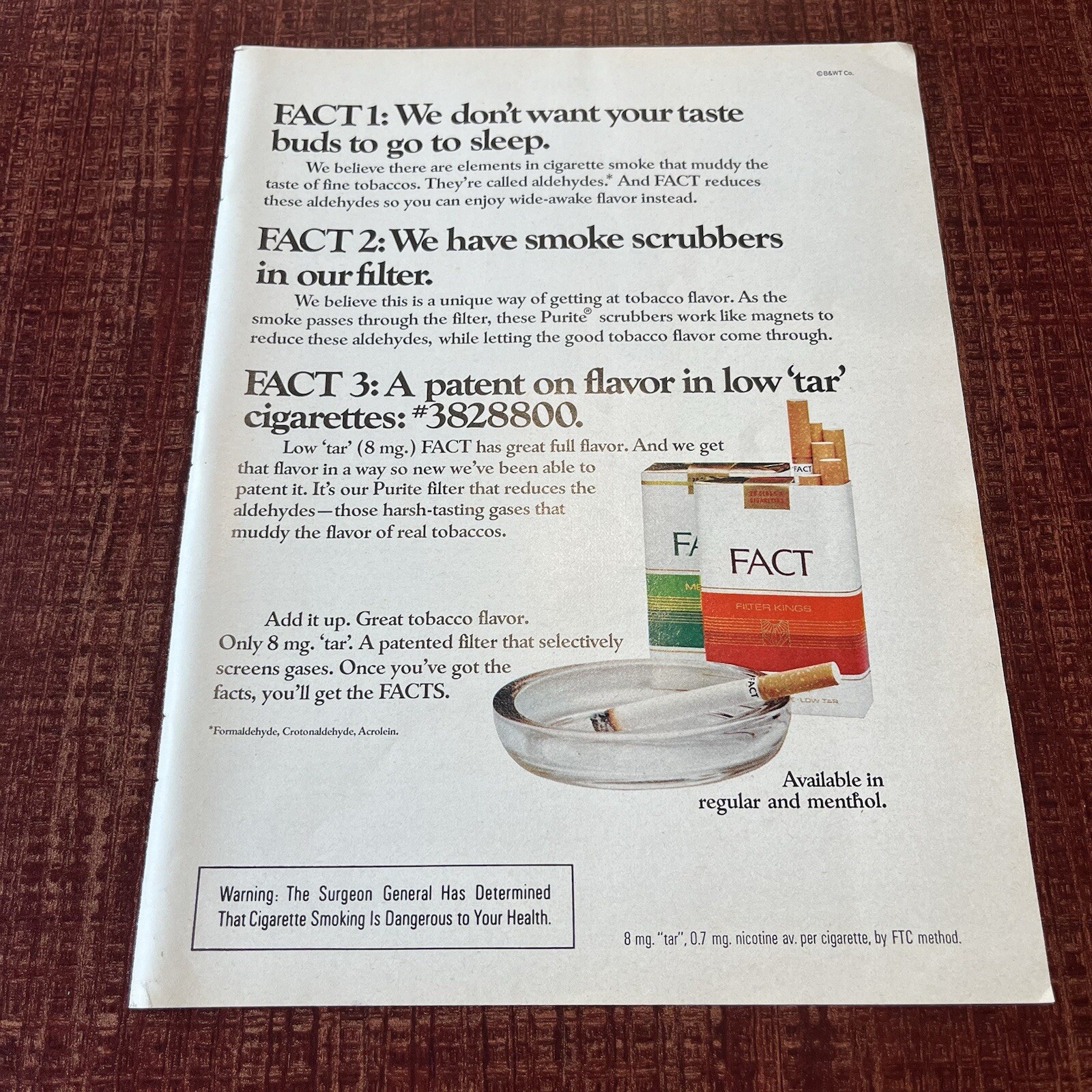1977 FACT Cigarettes Print Ad Original Vintage Cigarette Pack Smokes Menthol