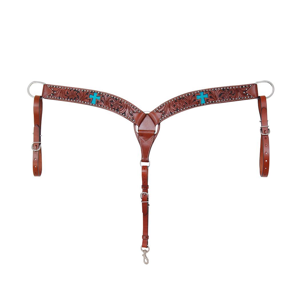 Western Brown Leather Hand Carved  Shaped  Breast Collar with Cross Inlay