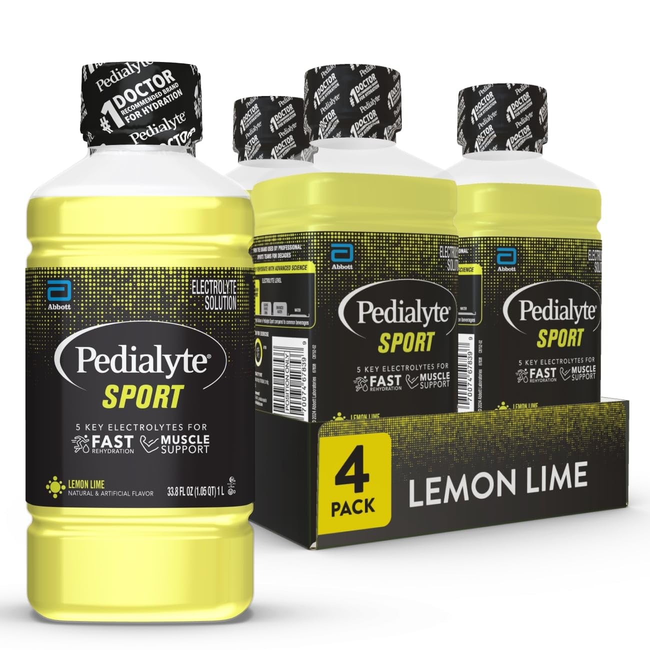 Pedialyte Sport Electrolyte Drink, 33.8 Fl Oz (Pack of 4), Black & Yellow